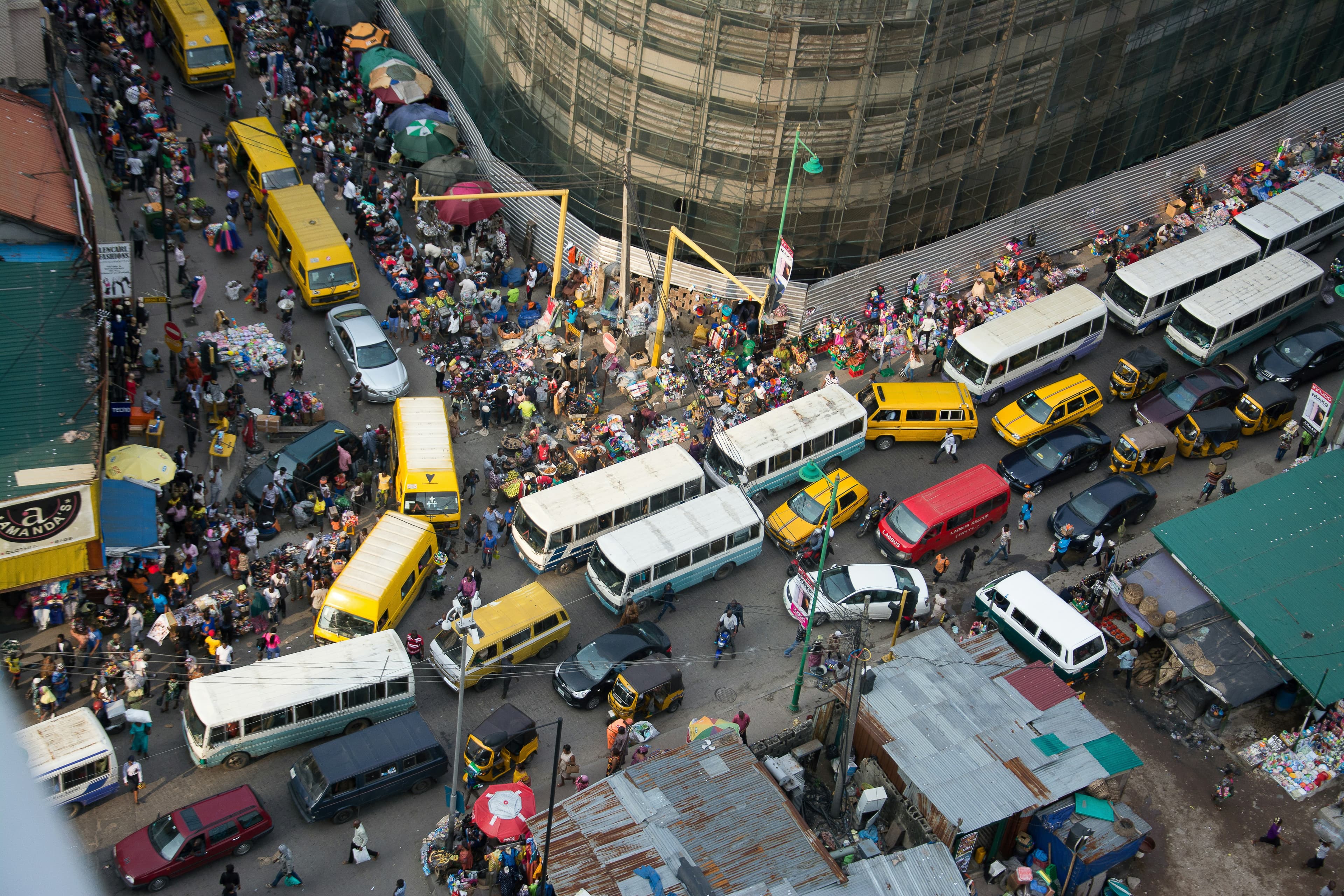 Aerial view of Lagos traffic and yellow danfo buses